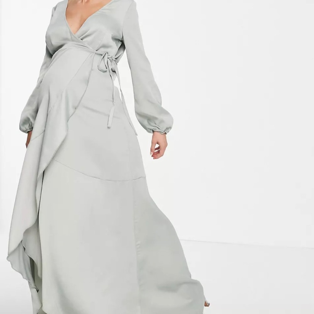 Little Mistress Maternity wrap tie satin midaxi dress in sage green size 6